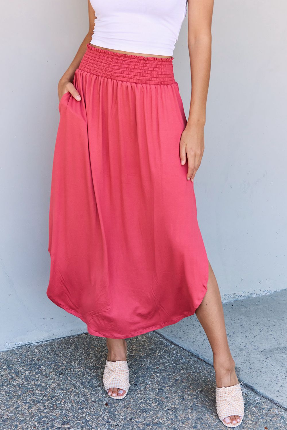 Doublju Comfort Princess Full Size High Waist Scoop Hem Maxi Skirt in Hot Pink-Angel Casuals