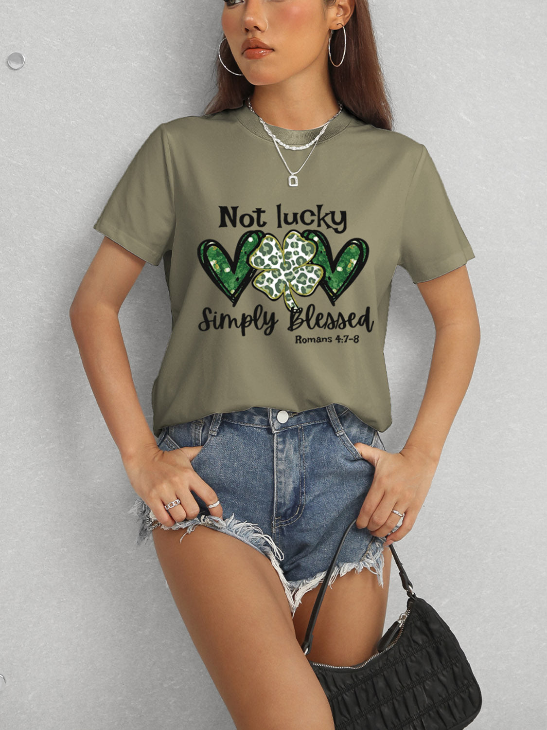 Lucky Clover Round Neck Short Sleeve T-Shirt-Angel Casuals