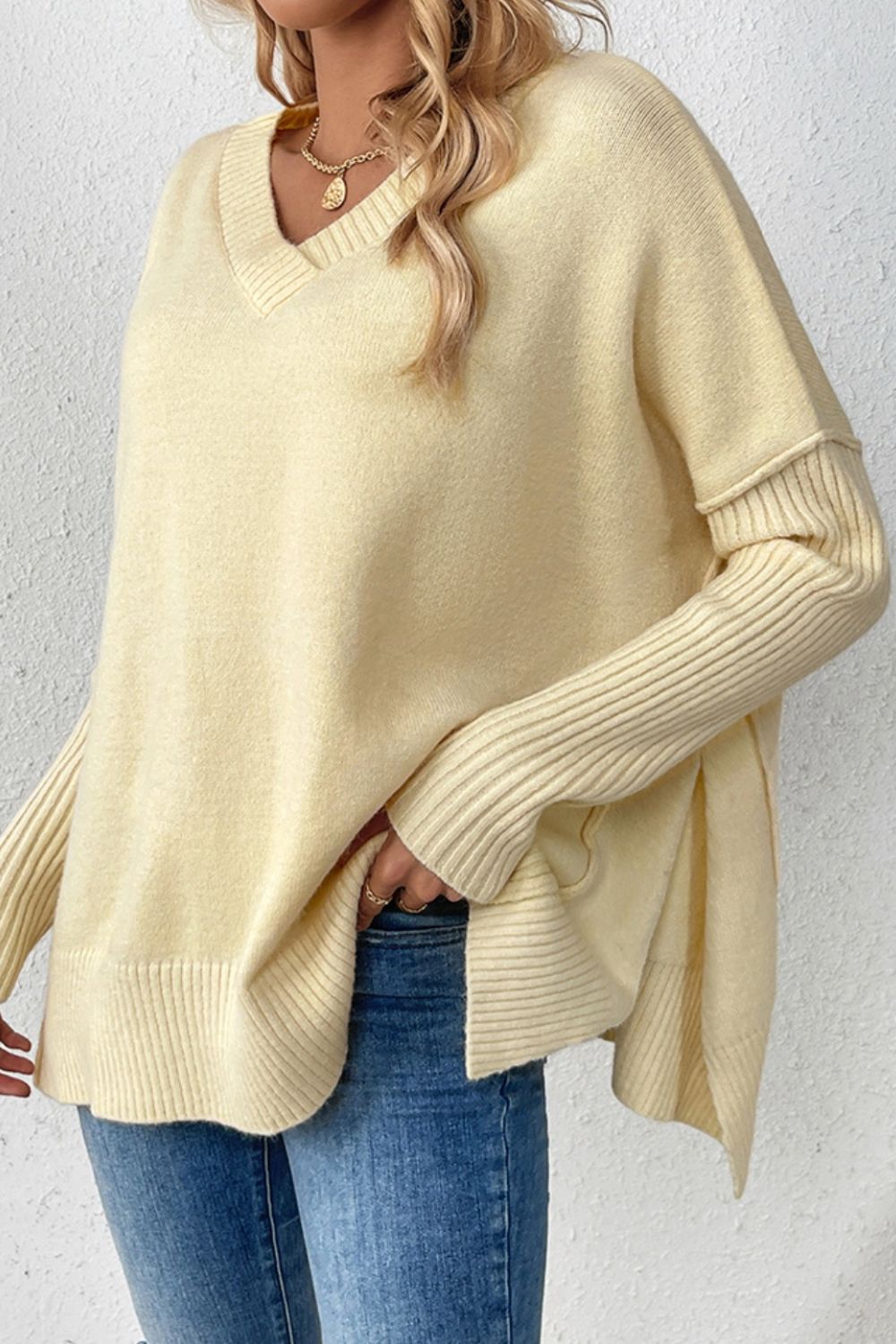 Slit V-Neck Dropped Shoulder Sweater-Angel Casuals