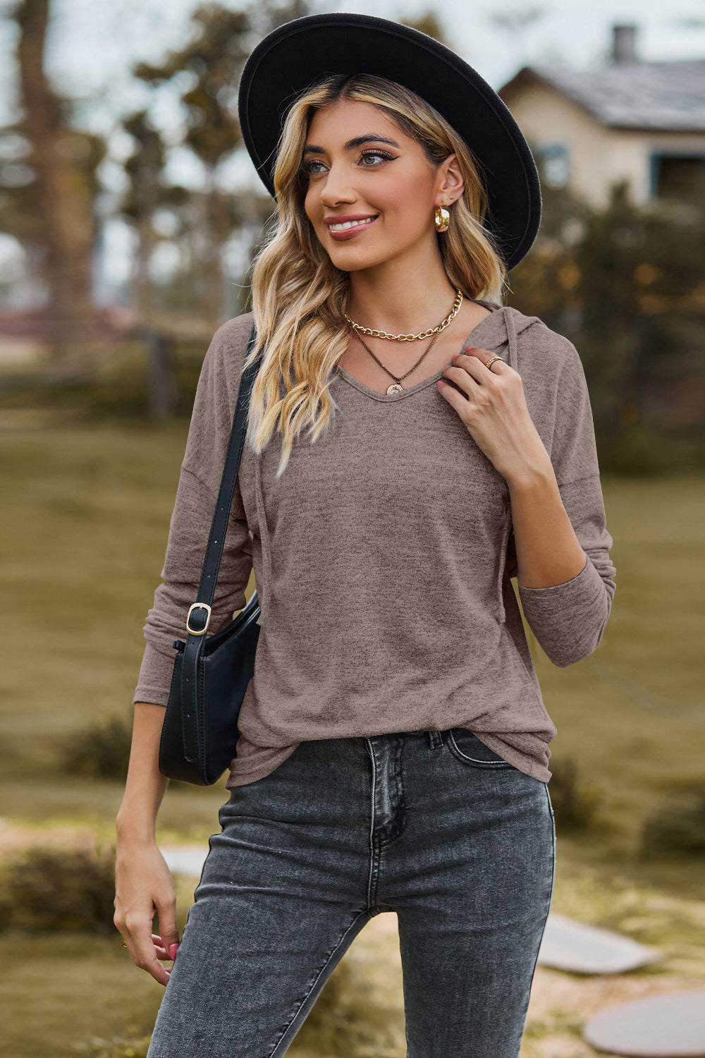 Drawstring Dropped Shoulder Hooded T-Shirt-Angel Casuals