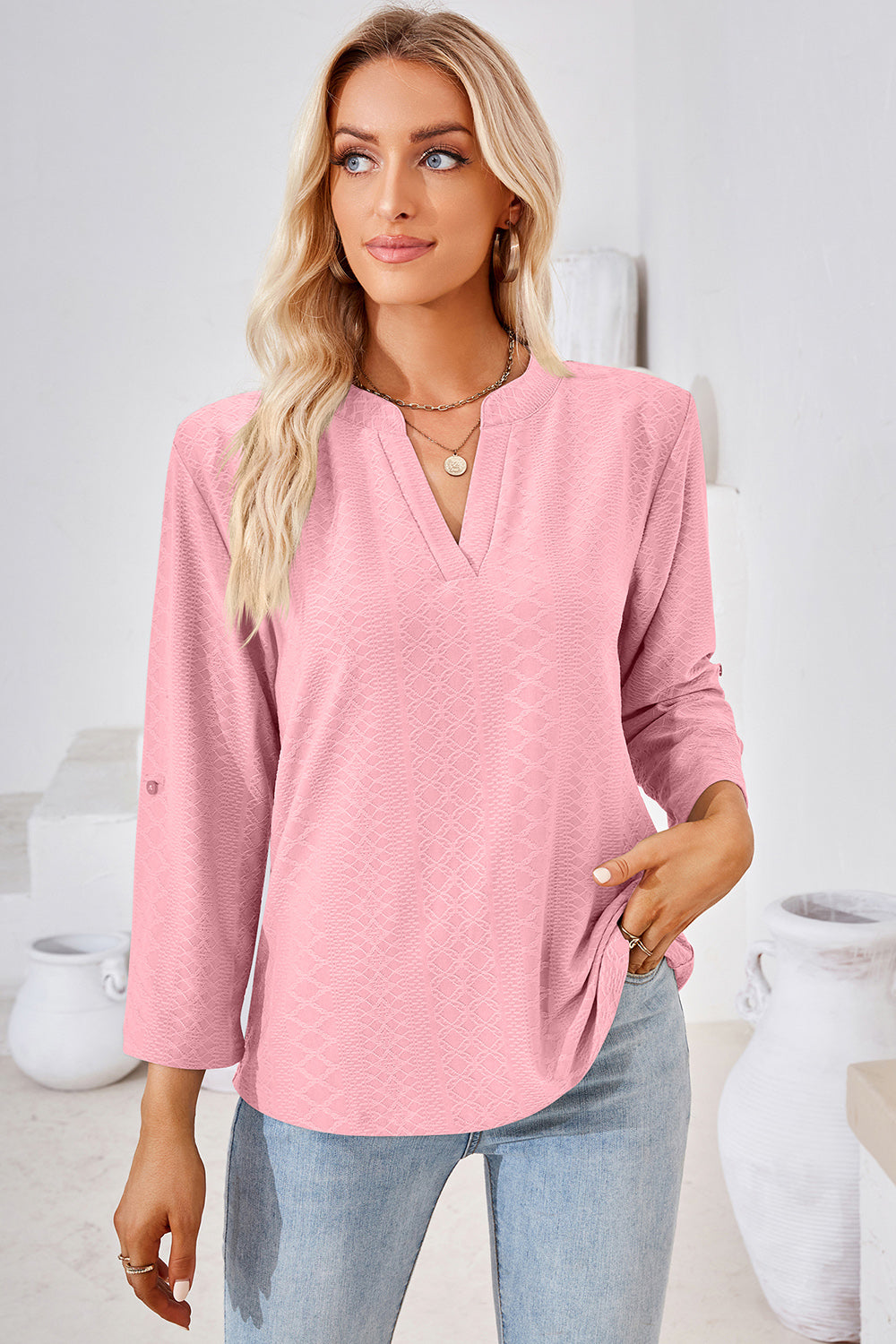 Notched Roll-Tab Sleeve T-Shirt-Angel Casuals