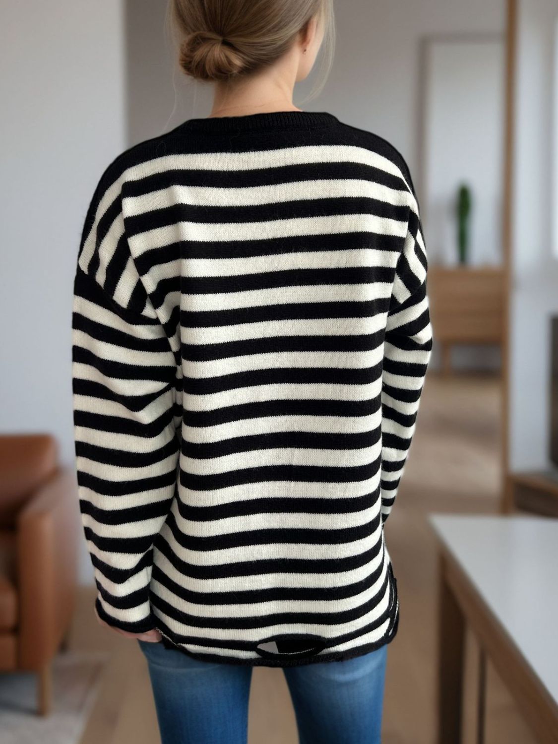 Distressed Striped Round Neck Long Sleeve Sweater-Angel Casuals