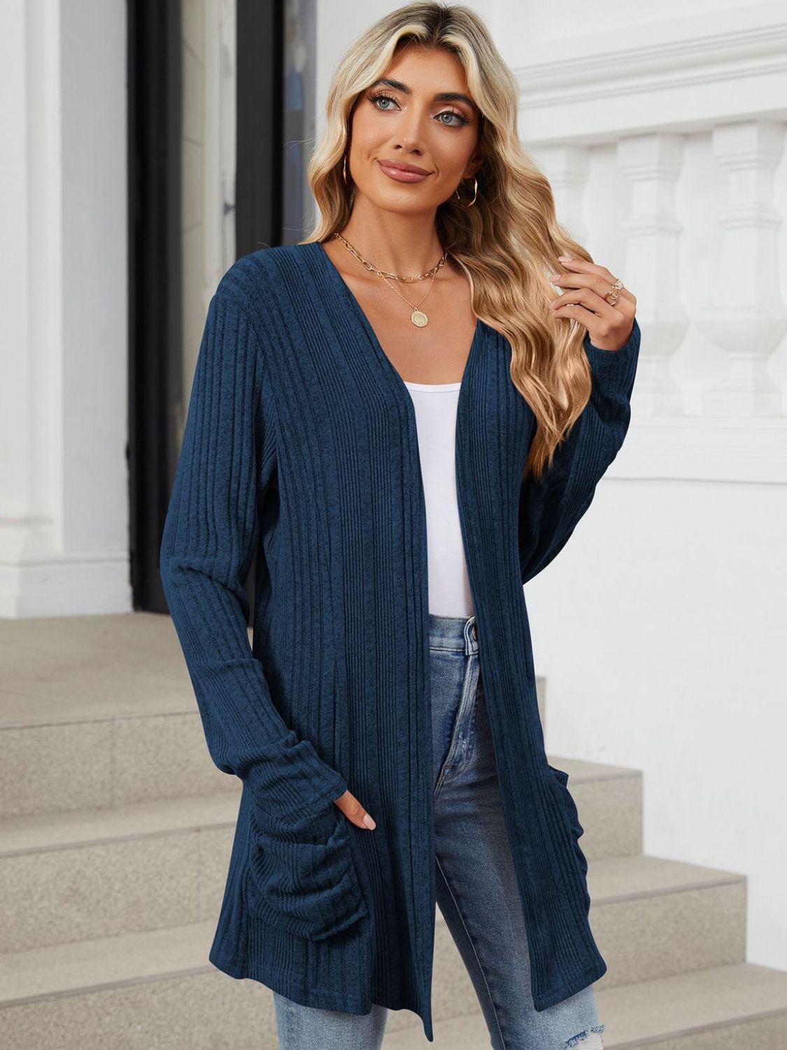 Pocketed Open Front Long Sleeve Cardigan-Angel Casuals