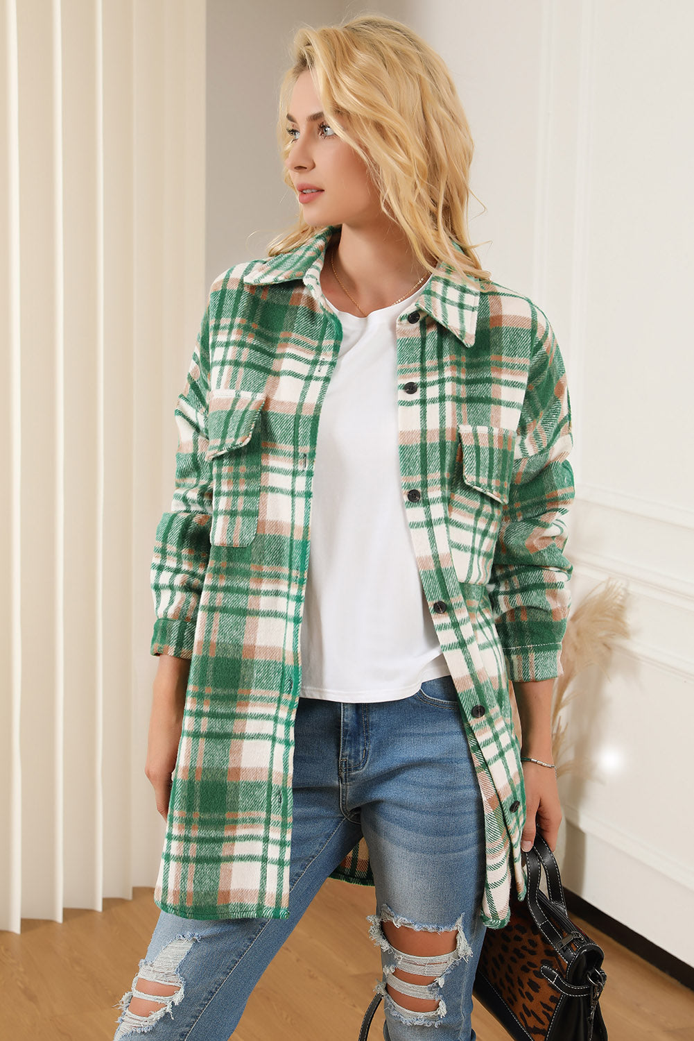 Plaid Dropped Shoulder Shirt Jacket-Angel Casuals