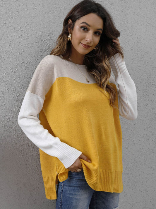 Color Block Round Neck Sweater-Angel Casuals