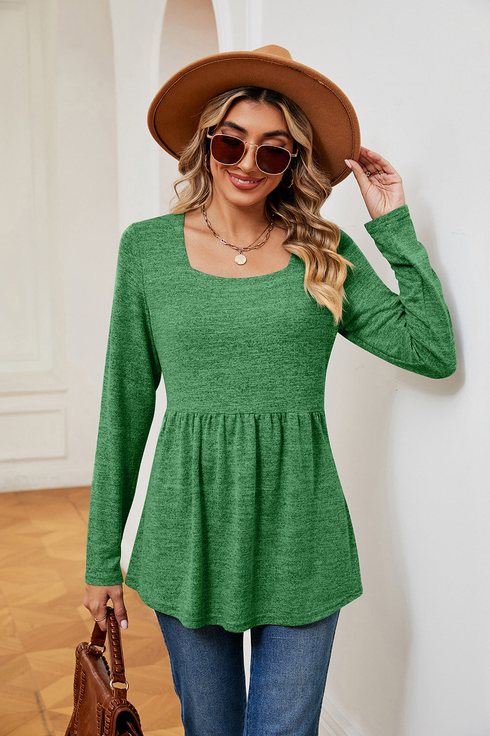 Square Neck Long Sleeve Peplum Top-Angel Casuals