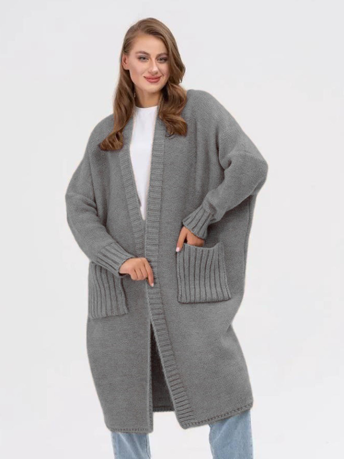 Pocketed Open Front Long Sleeve Longline Cardigan-Angel Casuals