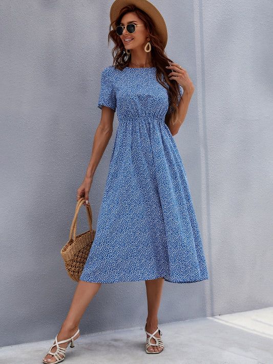 Printed Round Neck Short Sleeve Midi Dress-Angel Casuals