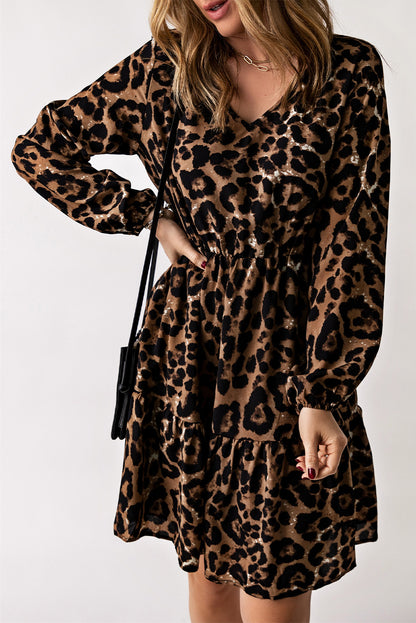 Leopard V-Neck Balloon Sleeve Tiered Dress-Angel Casuals