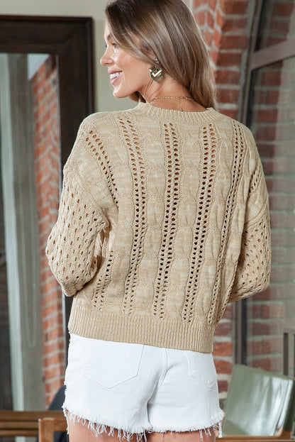 Full Size Openwork Cable-Knit Round Neck Knit Top-Angel Casuals