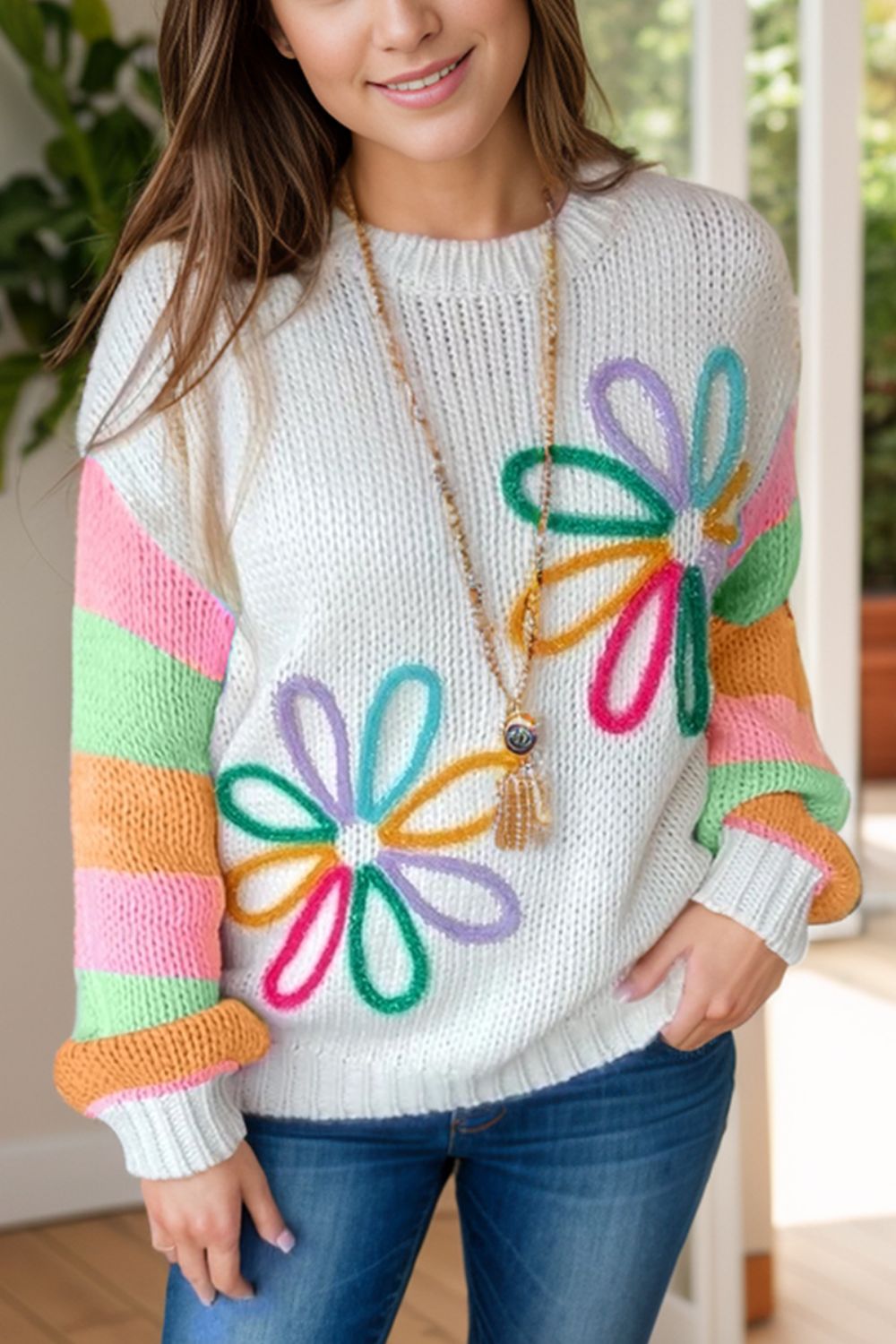 Color Block Round Neck Sweater-Angel Casuals
