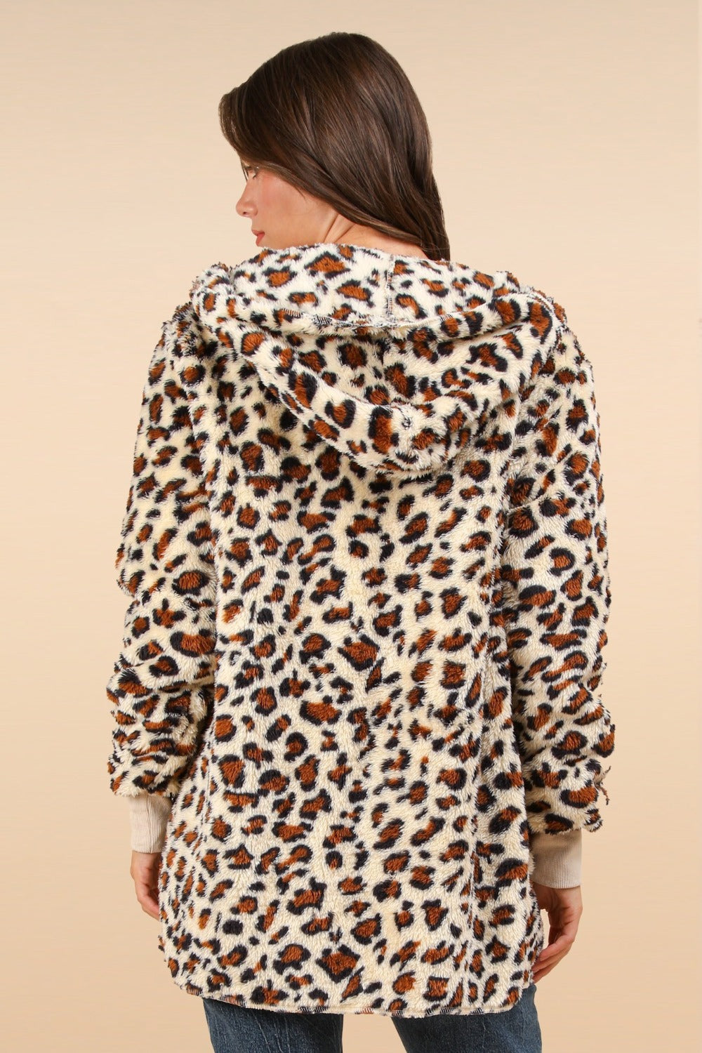 VERY J Fuzzy Leopard Long Sleeve Hooded Jacket-Angel Casuals