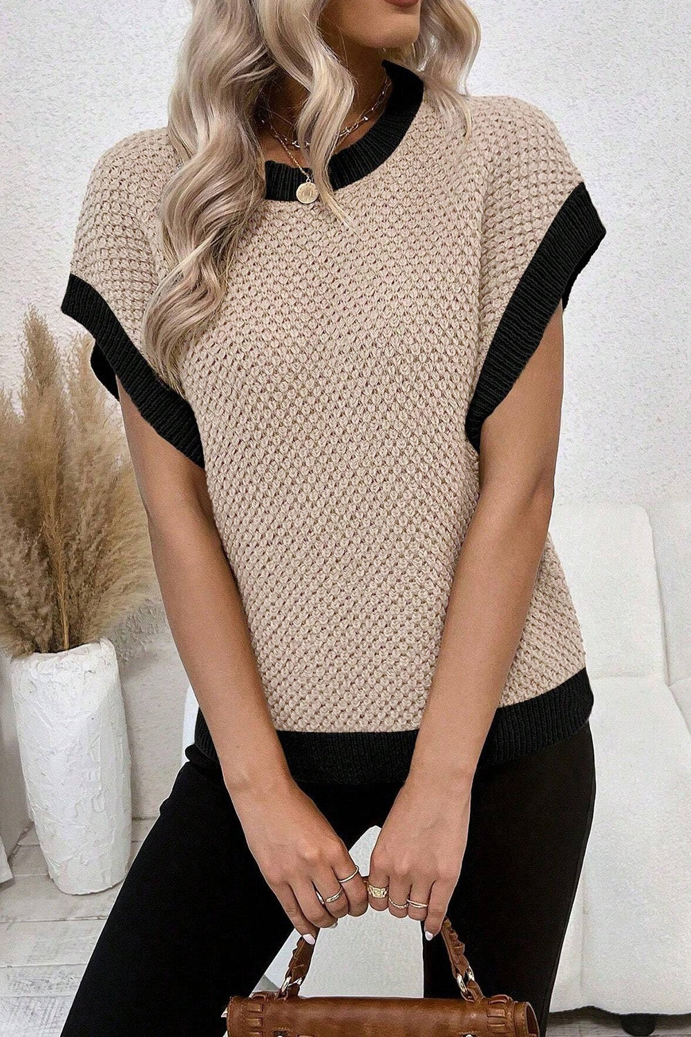 Contrast Round Neck Cap Sleeve Knit Top-Angel Casuals