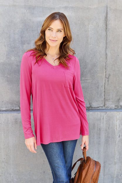 Basic Bae Full Size V-Neck Long Sleeve Top-Angel Casuals