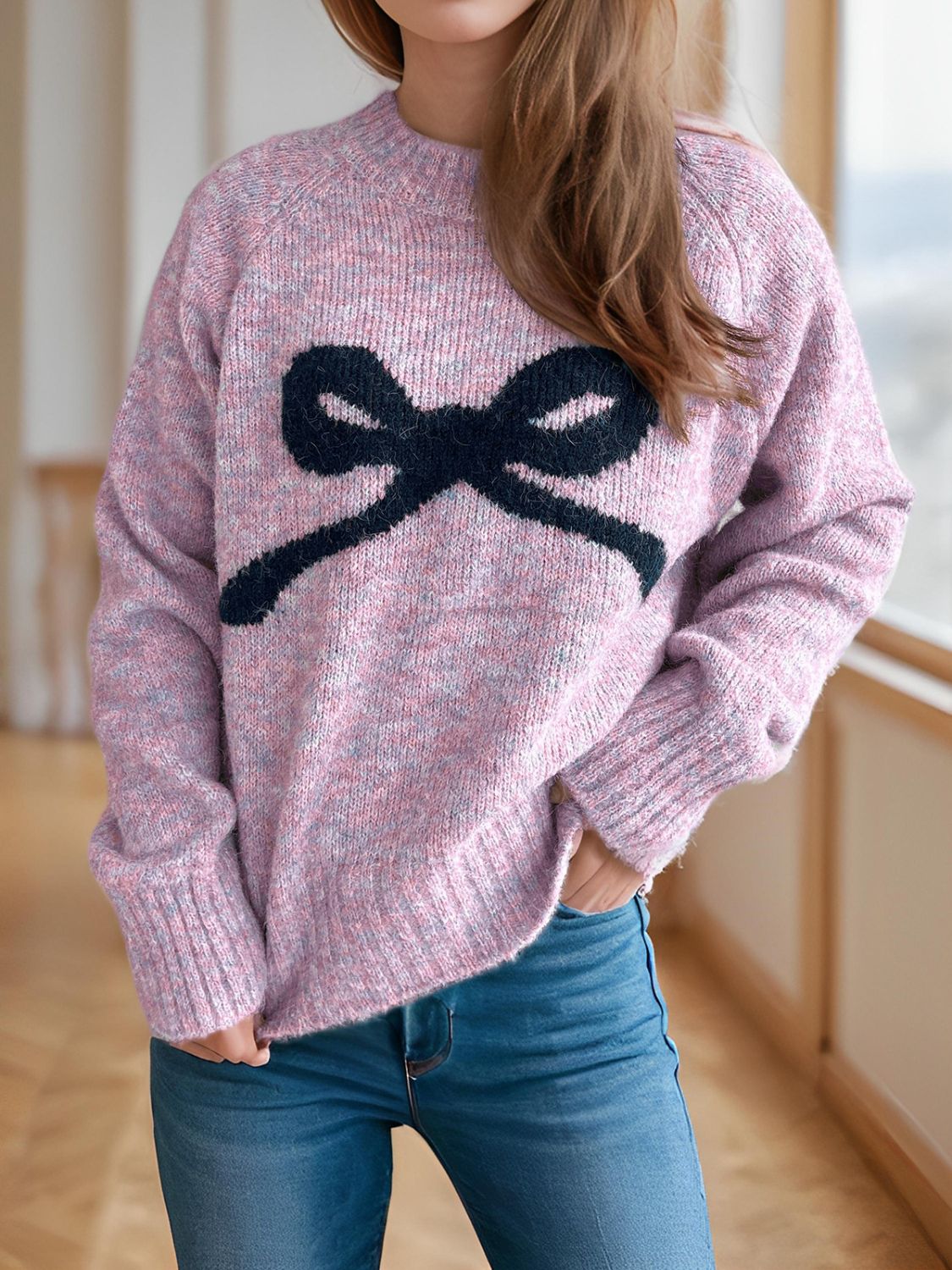 Bow Round Neck Long Sleeve Sweater-Angel Casuals