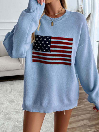 Devine US Flag Round Neck Long Sleeve Knit Top-Angel Casuals