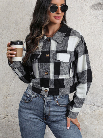 Perfee Plaid Button Up Drop Shoulder Cropped Jacket-Angel Casuals