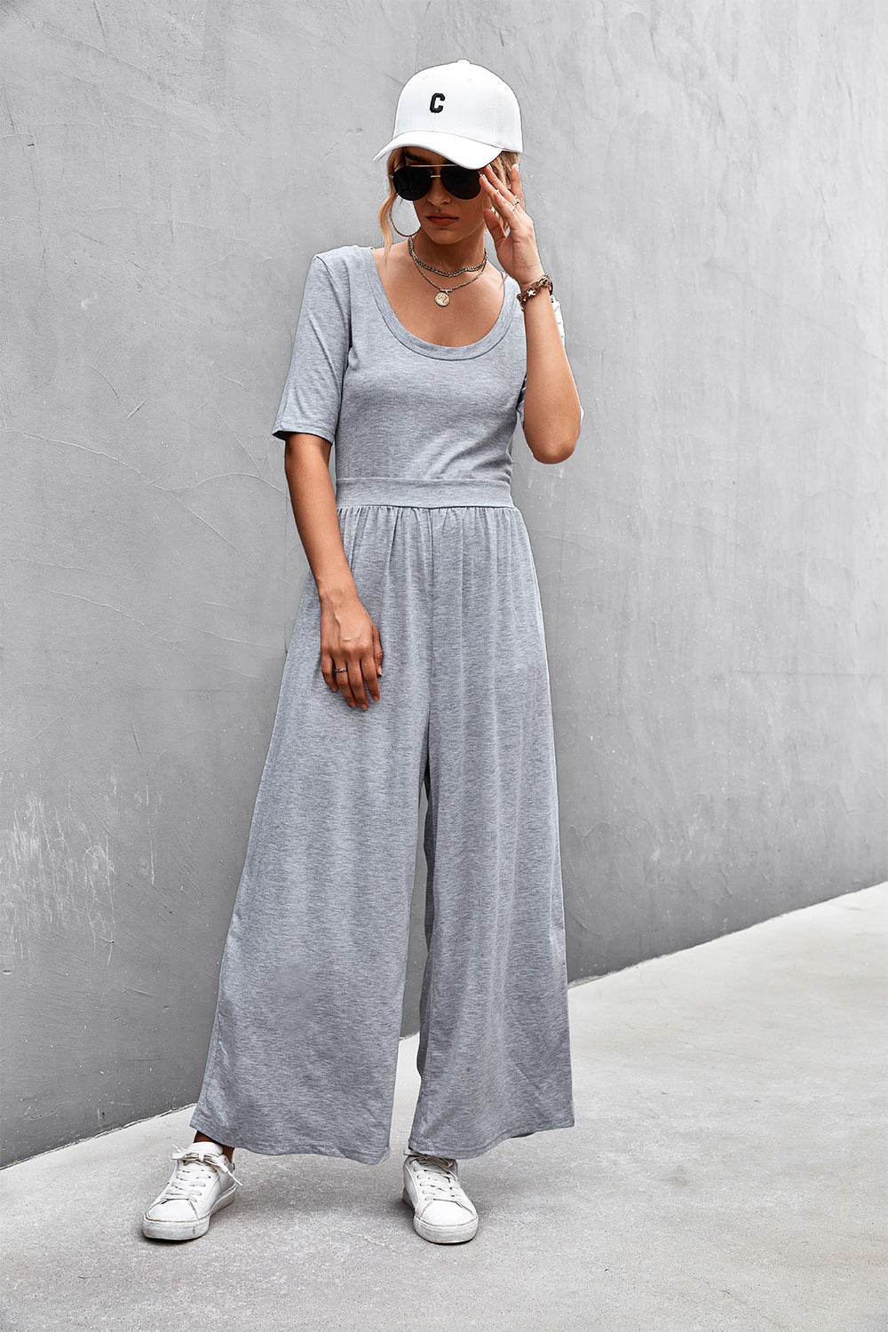 Scoop Neck Half Sleeve Wide Leg Jumpsuit-Angel Casuals