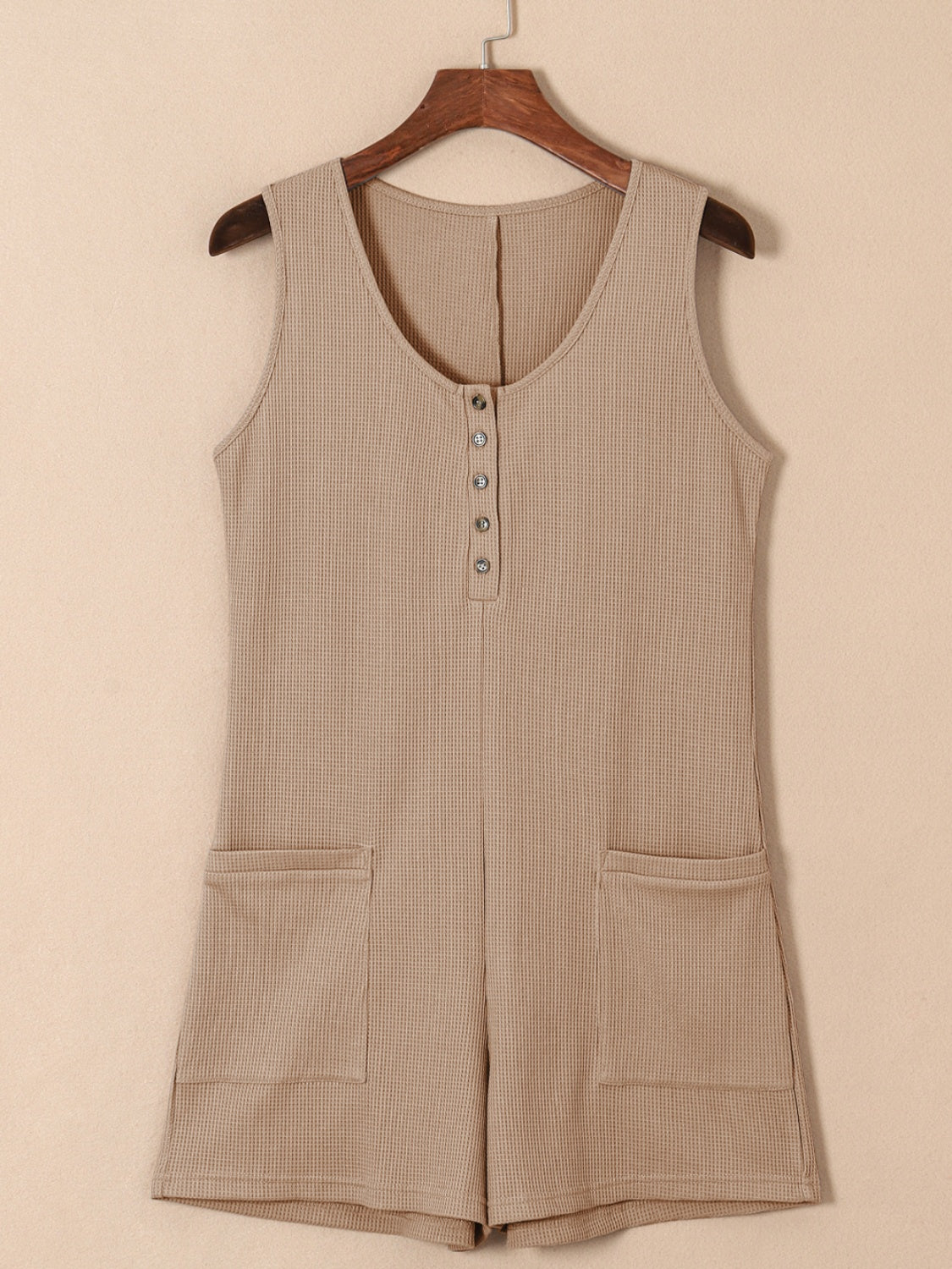 Waffle-Knit Half Button Sleeveless Romper with Pockets-Angel Casuals