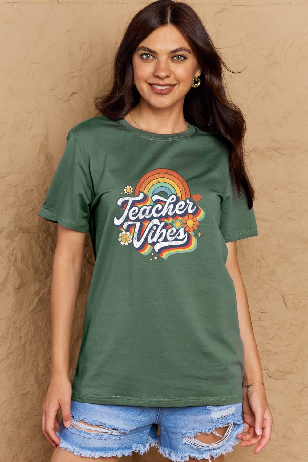 Simply Love Full Size TEACHER VIBES Graphic Cotton T-Shirt-Angel Casuals