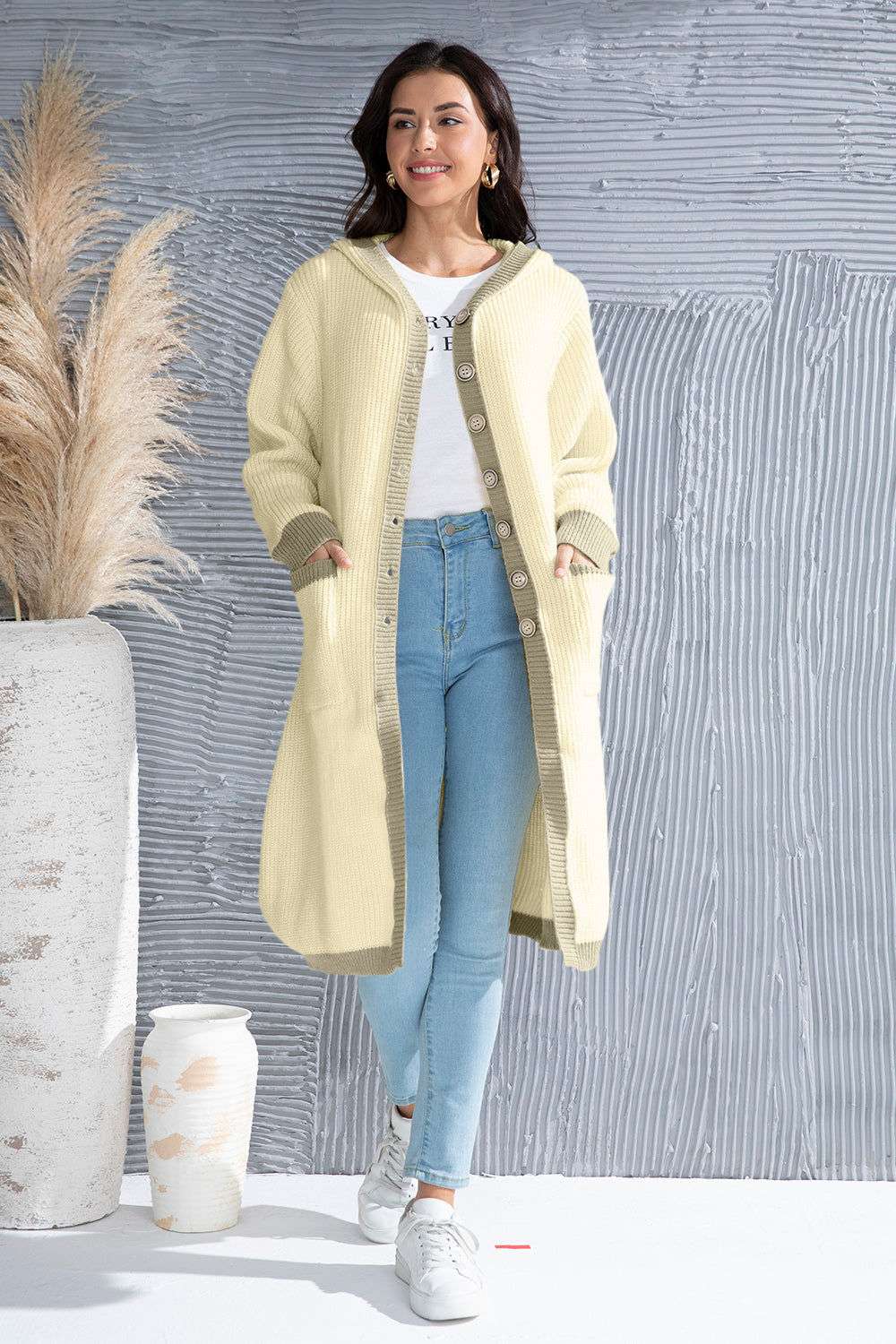 Button Up Contrast Trim Hooded Cardigan-Angel Casuals