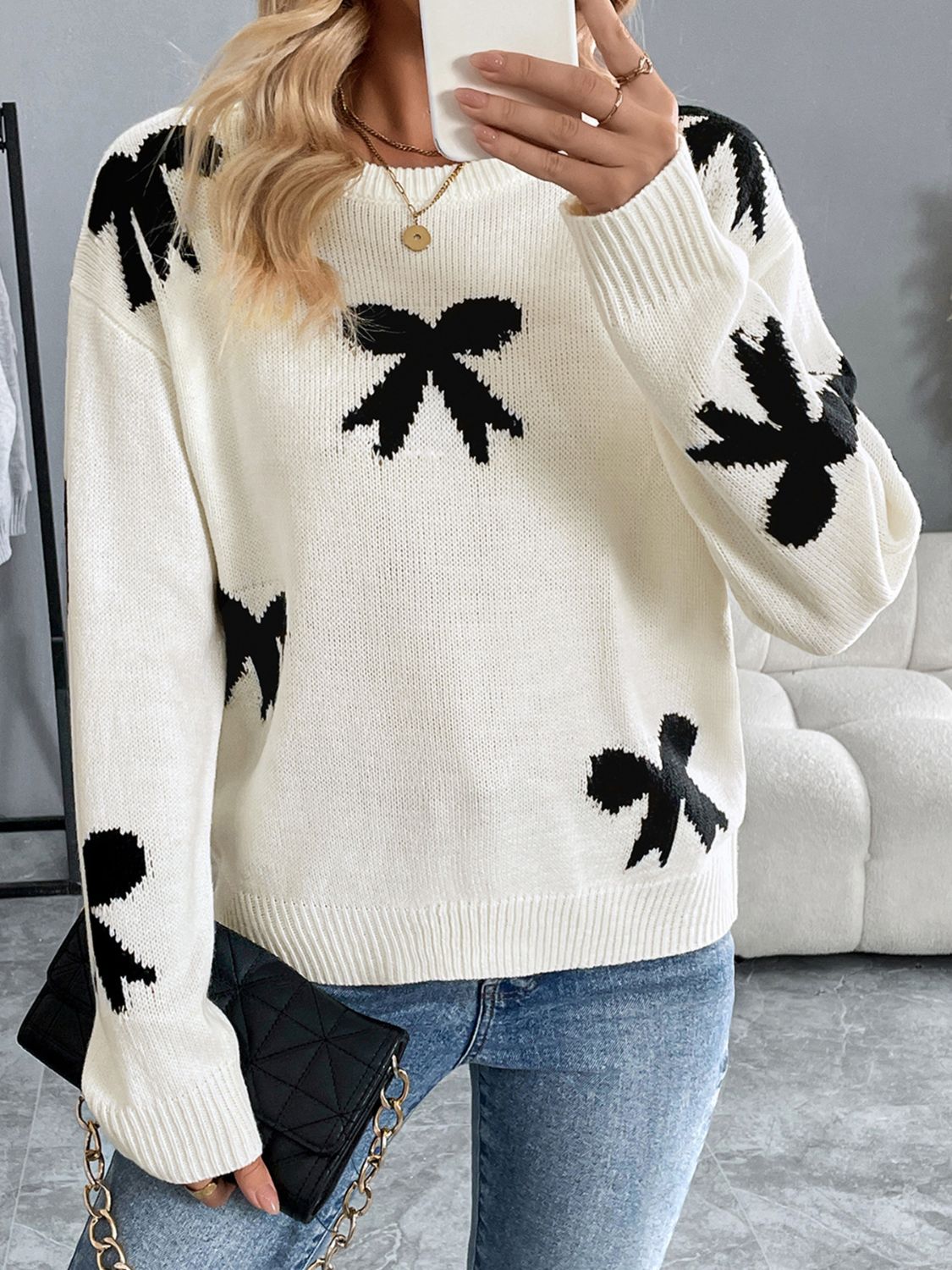 Perfee Bow Graphic Round Neck Long Sleeve Sweater-Angel Casuals