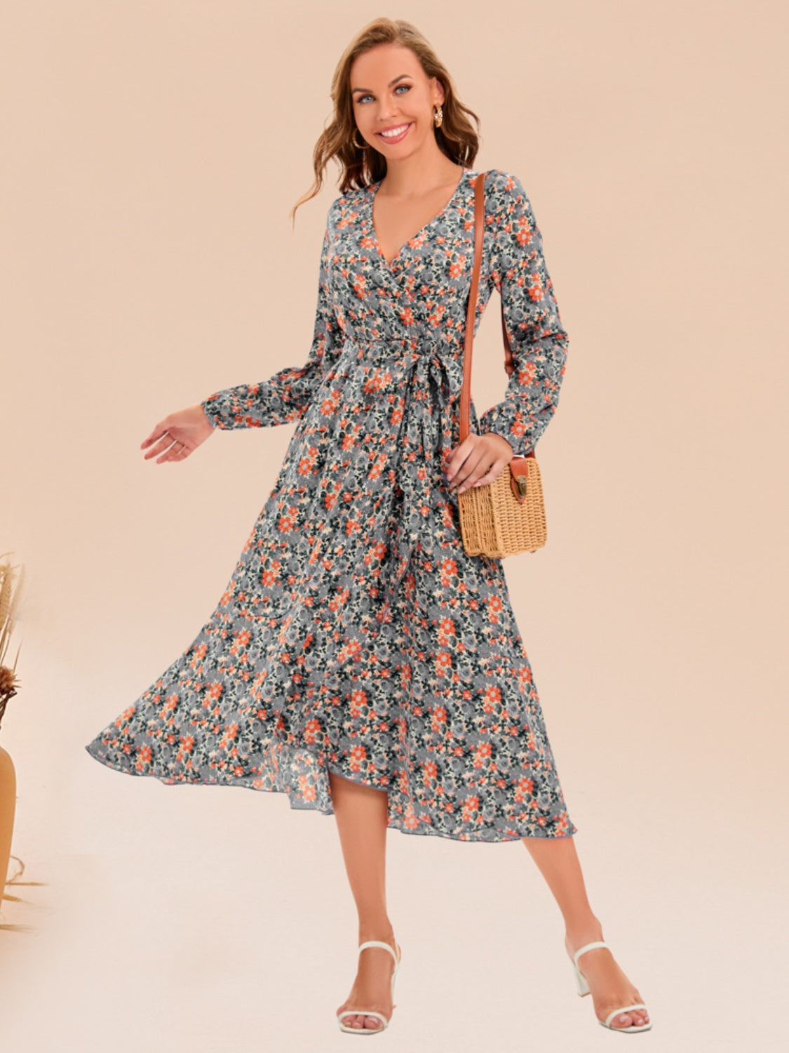 Full Size Printed Surplice Long Sleeve Dress-Angel Casuals