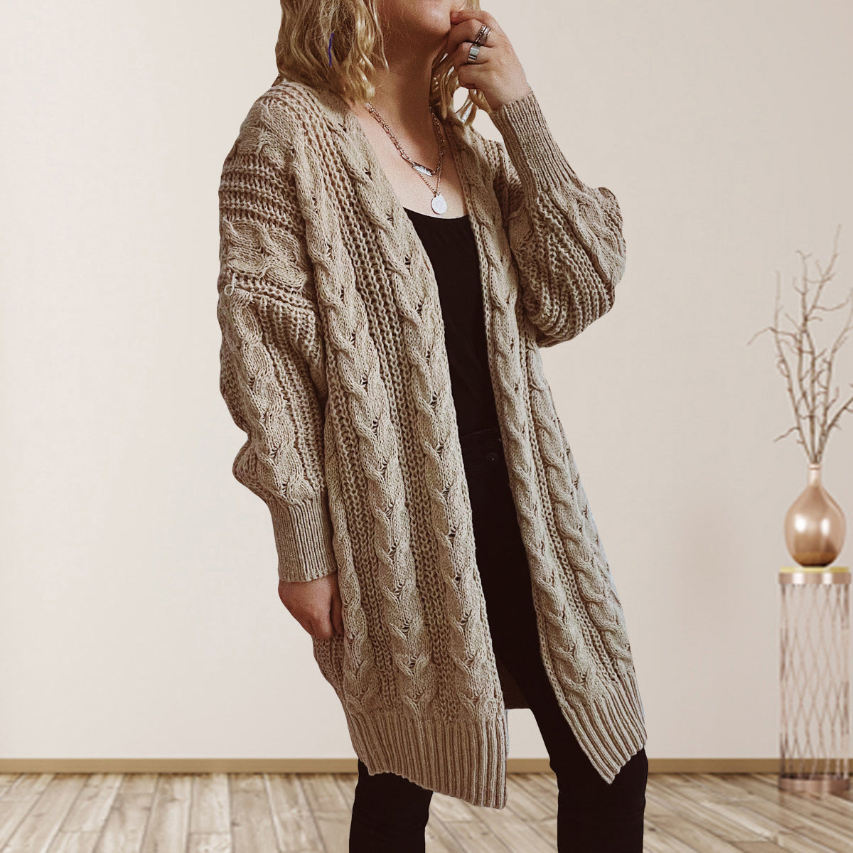 Cable-Knit Open Front Dropped Shoulder Cardigan-Angel Casuals