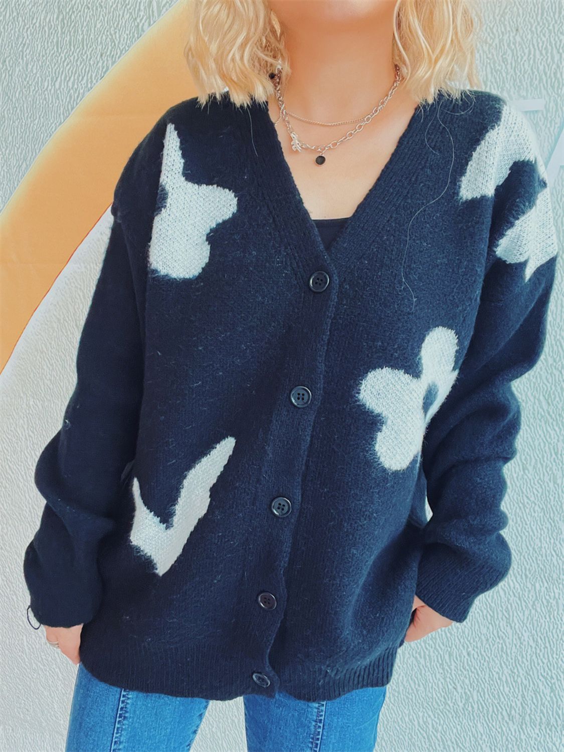 Flower Button Down V-Neck Long Sleeve Cardigan-Angel Casuals