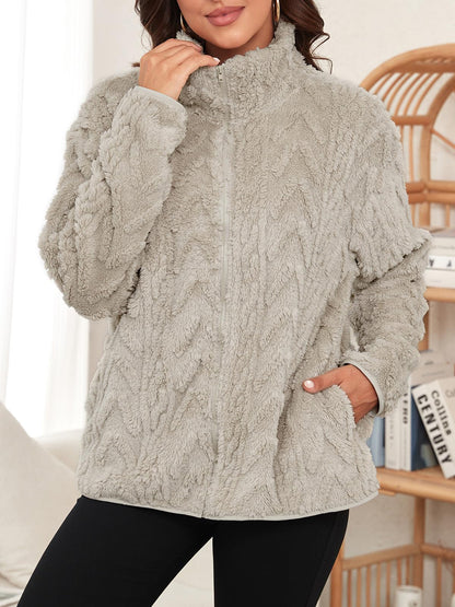 Fuzzy Zip Up Long Sleeve Jacket-Angel Casuals