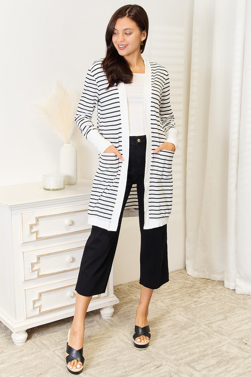 Double Take Striped Open Front Longline Cardigan-Angel Casuals