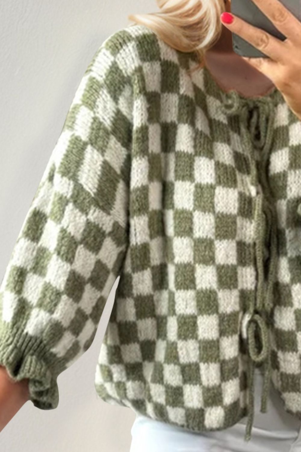 Double Take Tied Checkered Dropped Shoulder Flounce Sleeve Cardigan-Angel Casuals