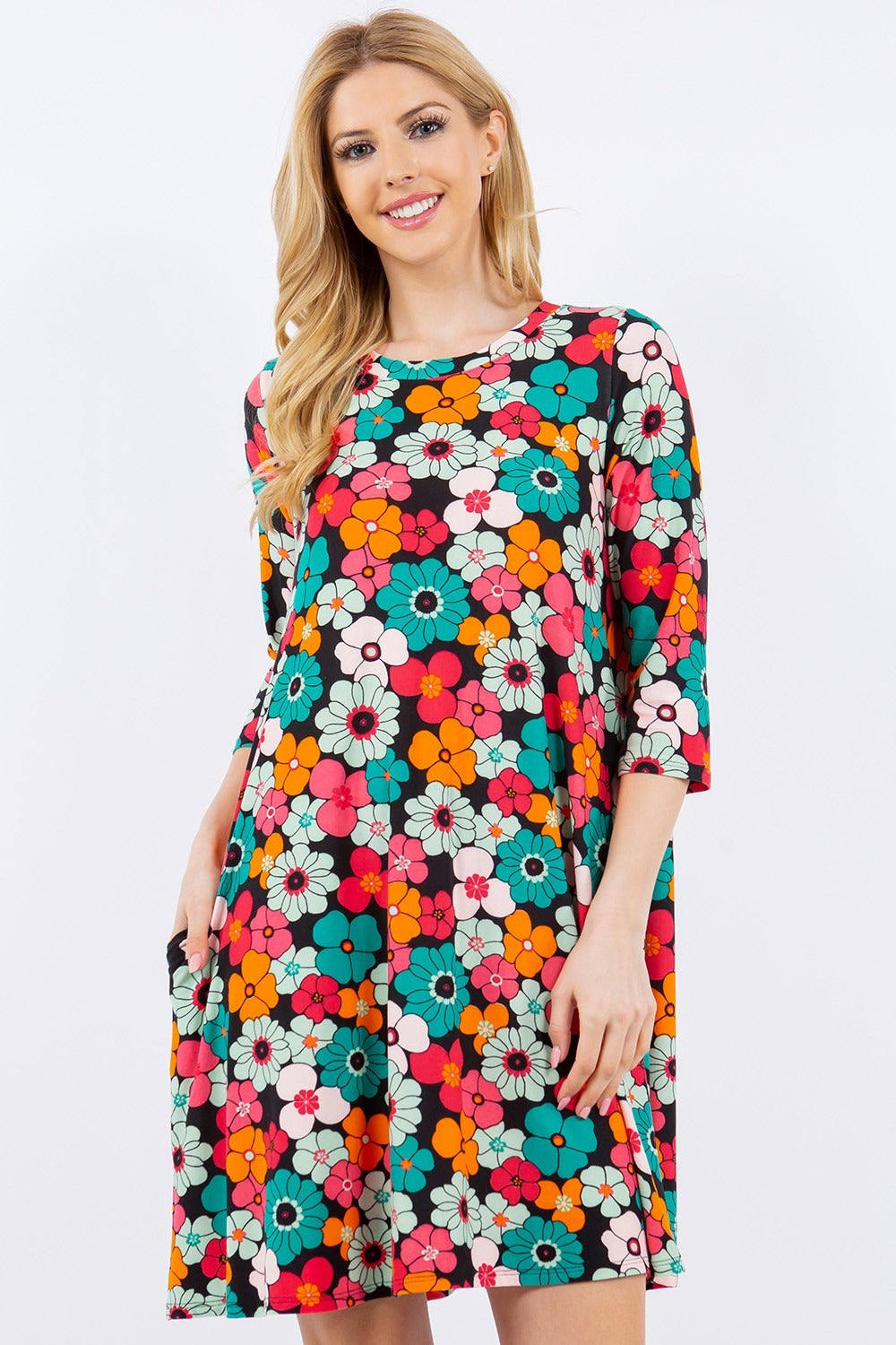 Celeste Full Size Floral Three-Quarter Sleeve Dress with Pockets-Angel Casuals