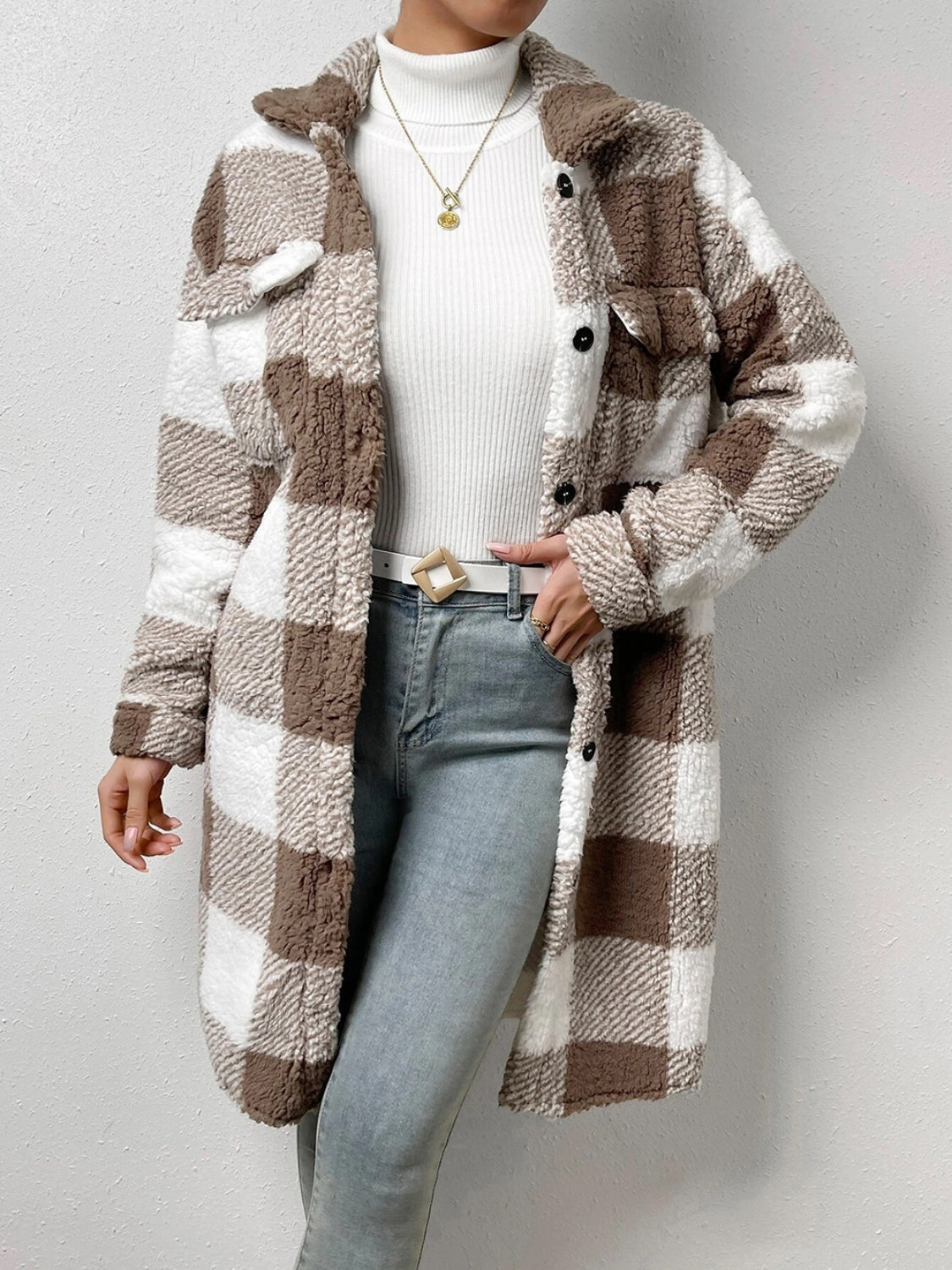 Plaid Collared Neck Button Down Coat-Angel Casuals