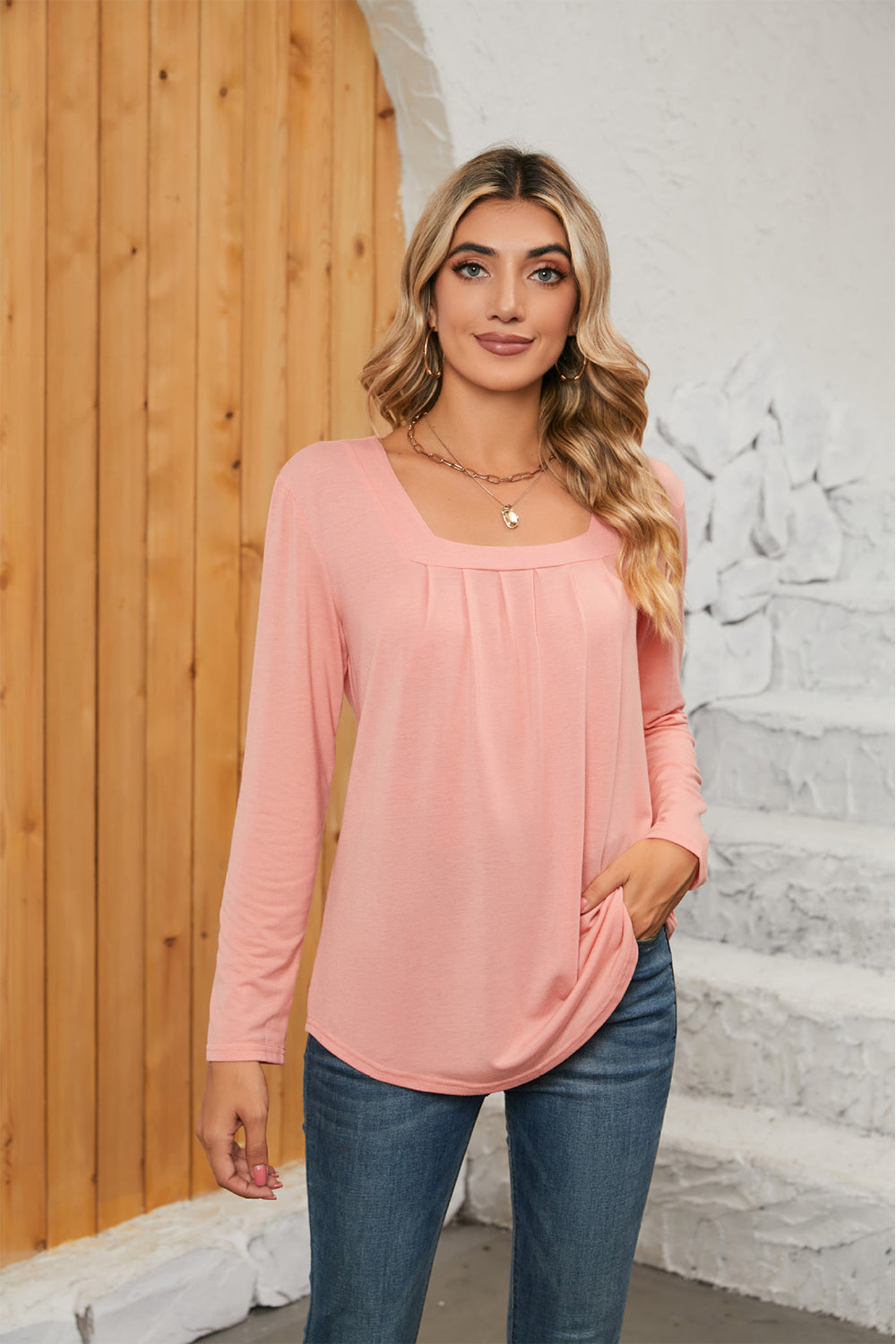 Square Neck Long Sleeve T-Shirt-Angel Casuals