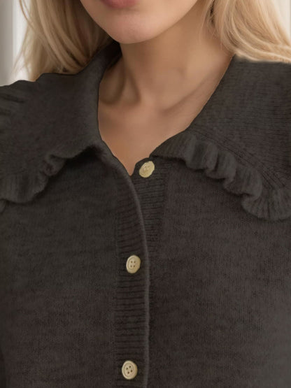 Frill Button Up Collared Neck Long Sleeve Cardigan-Angel Casuals