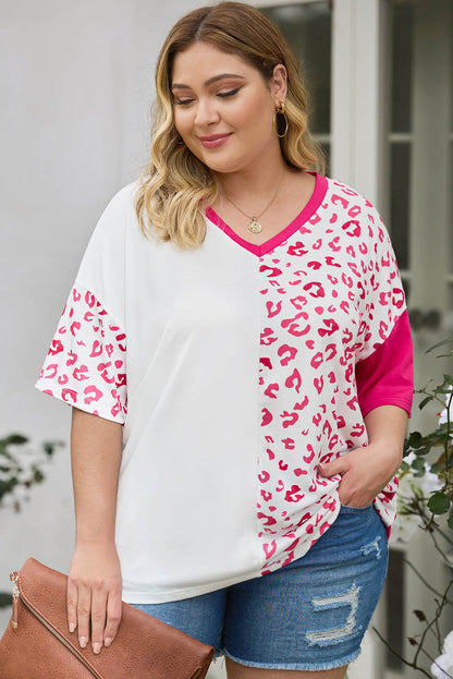 Plus Size Leopard V-Neck T-Shirt-Angel Casuals