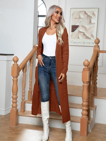 Cable-Knit Open Front Cardigan with Pockets-Angel Casuals