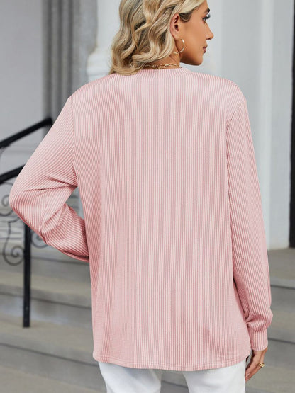Striped Notched Long Sleeve T-Shirt-Angel Casuals