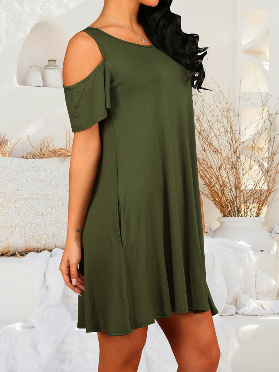 Round Neck Cold Shoulder Short Sleeve Dress-Angel Casuals