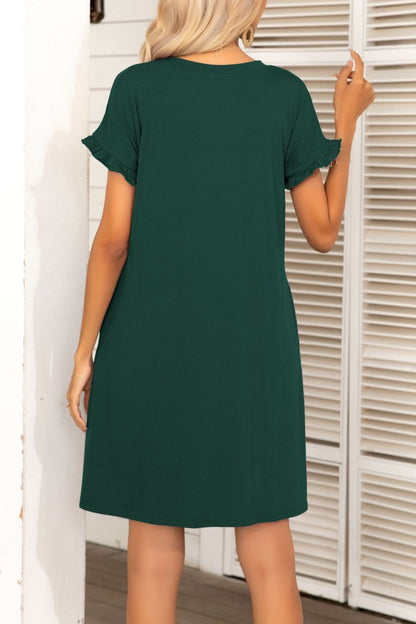 Flounce Sleeve Round Neck Dress with Pockets-Angel Casuals