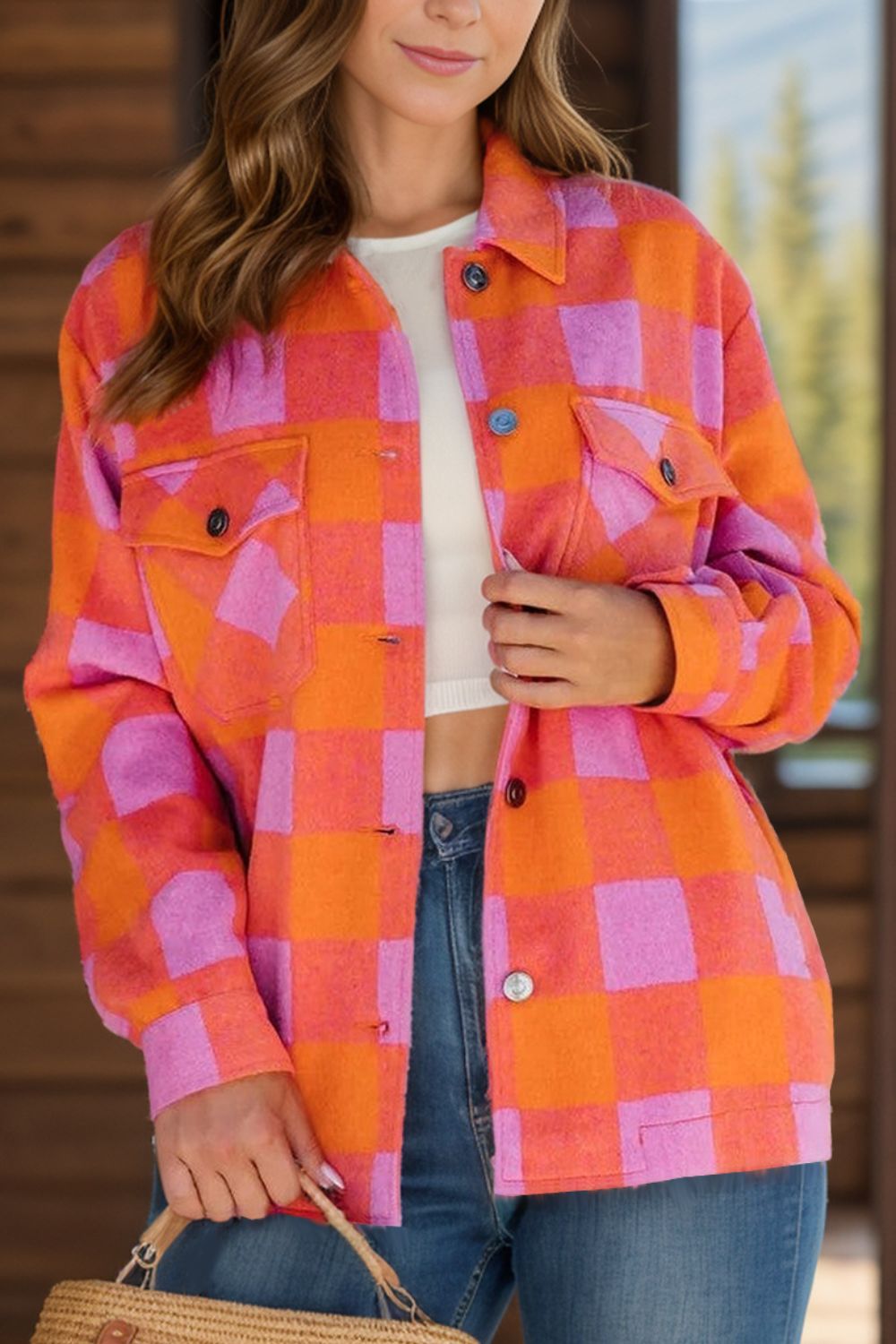 Color Block Plaid Button Up Long Sleeve Jacket-Angel Casuals