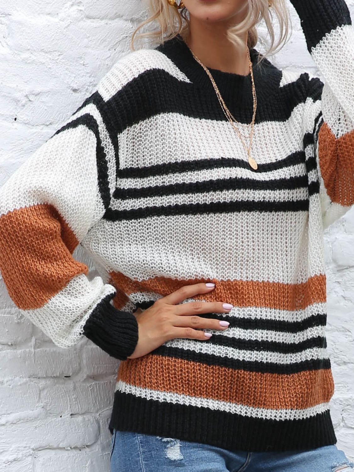 Contrast Striped Round Neck Long Sleeve Sweater-Angel Casuals