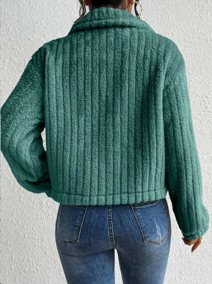 Fuzzy Button Up Collared Neck Jacket-Angel Casuals