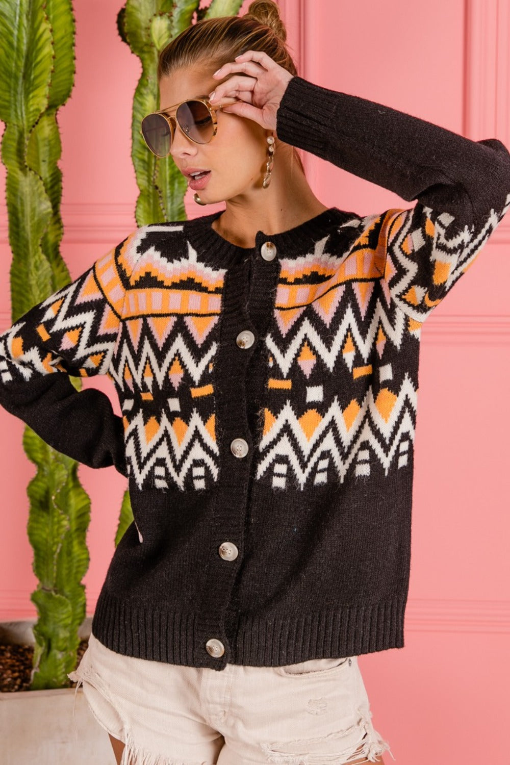 BiBi Ethnic Pattern Button Up Knit Cardigan-Angel Casuals