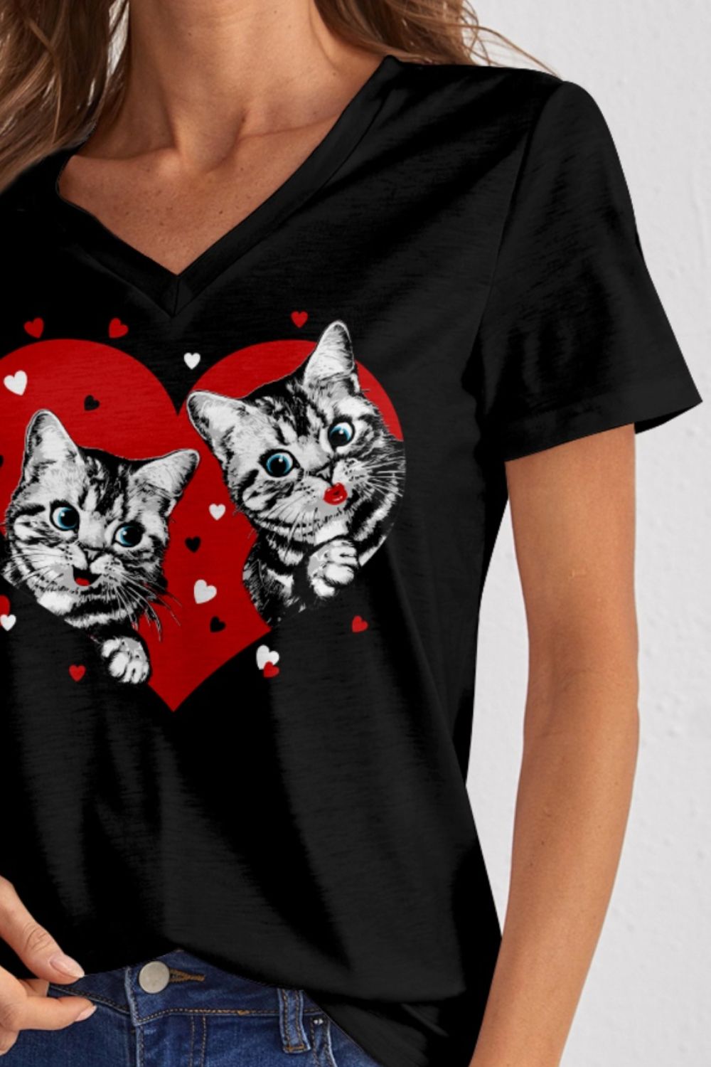 Cat V-Neck Short Sleeve T-Shirt-Angel Casuals