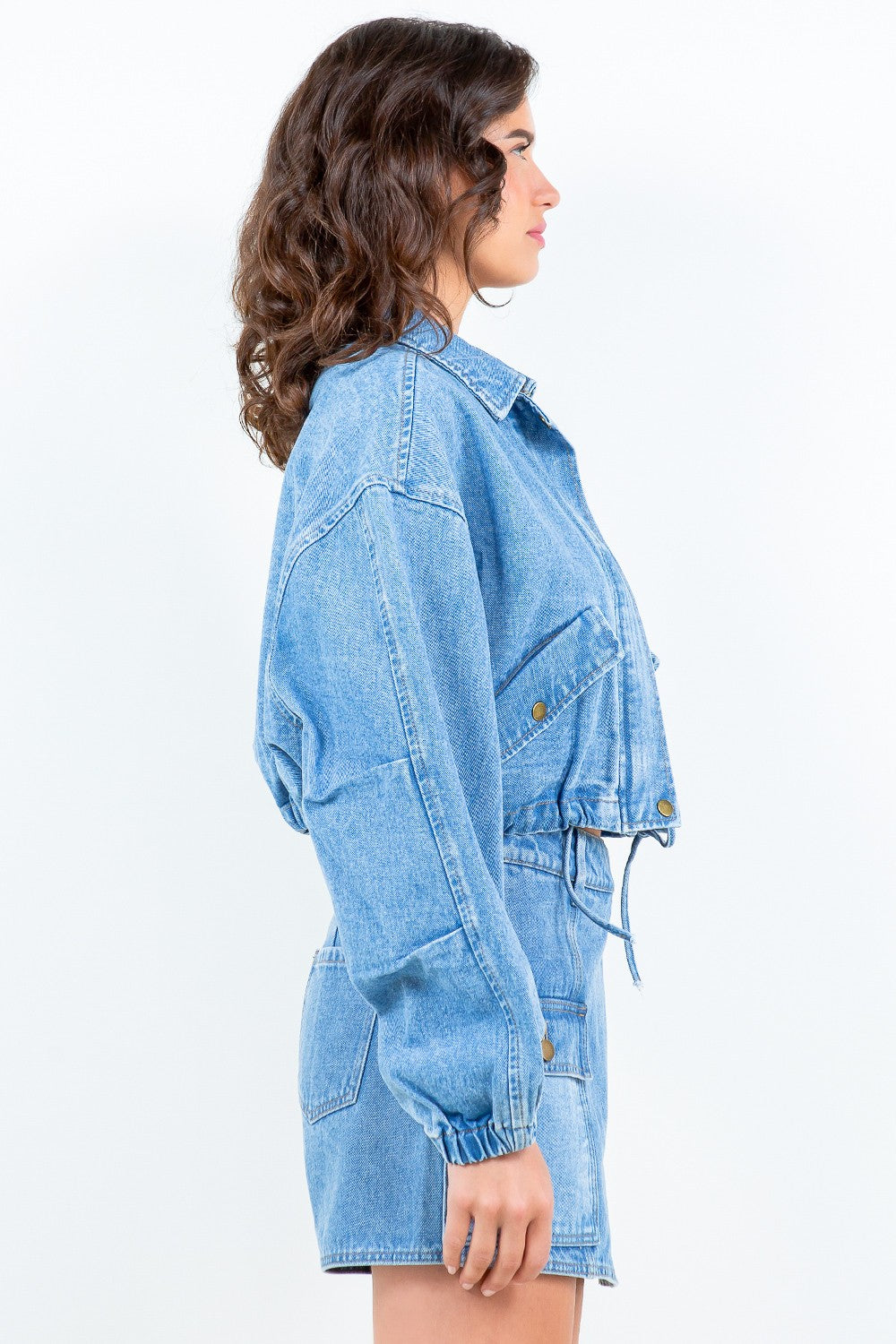 American Bazi Drawstring Waist Crop Denim Jacket-Angel Casuals