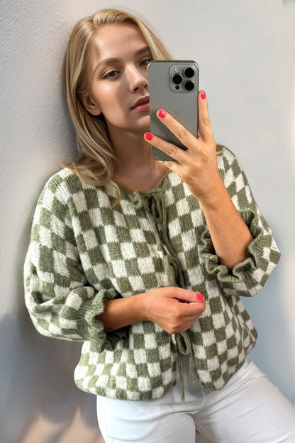 Double Take Tied Checkered Dropped Shoulder Flounce Sleeve Cardigan-Angel Casuals