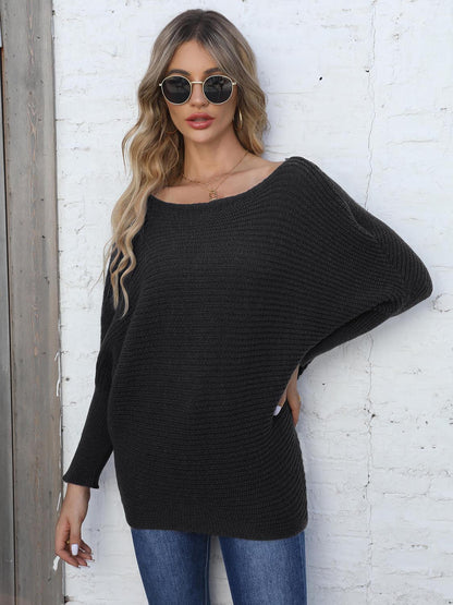 Full Size Horizontal Ribbing Dolman Sleeve Sweater-Angel Casuals