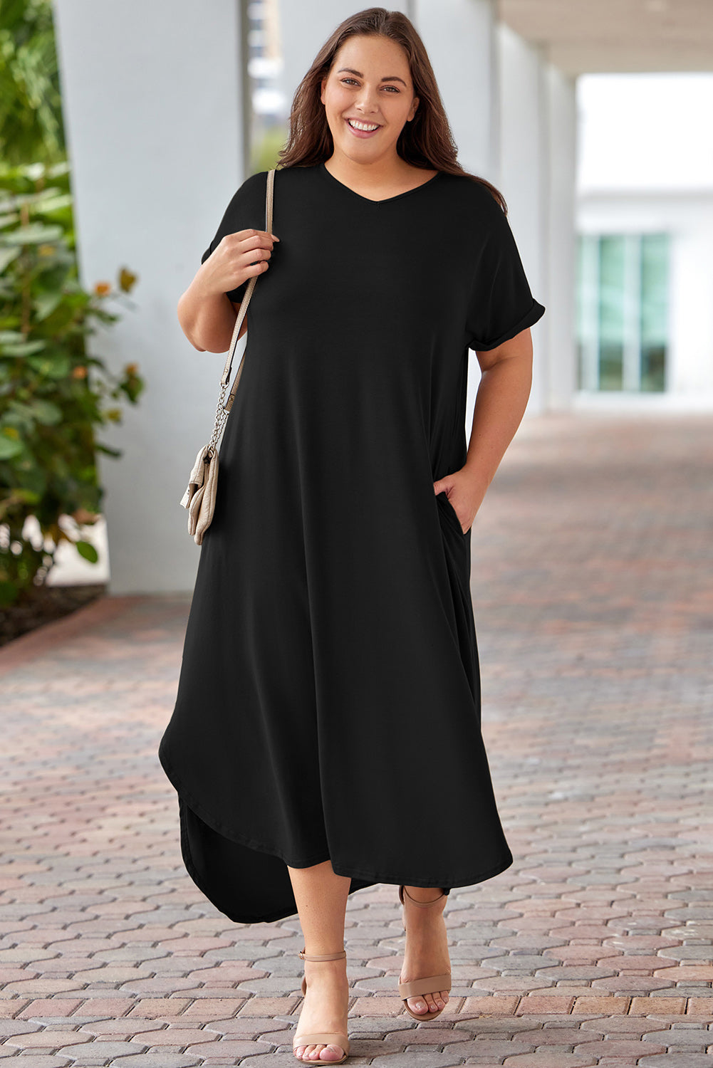 Plus Size V-Neck Short Sleeve Maxi Dress-Angel Casuals